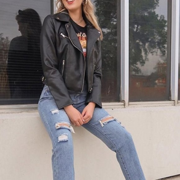 Modern Biker Chick Moto Faux leather Zipper Detail Motorcycle Jacket - Picture 5 of 12